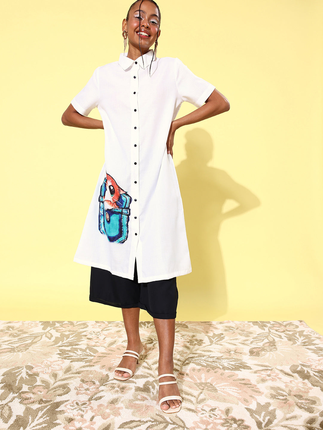 Women's Quirky Print Lose Shirt with Black Culottes