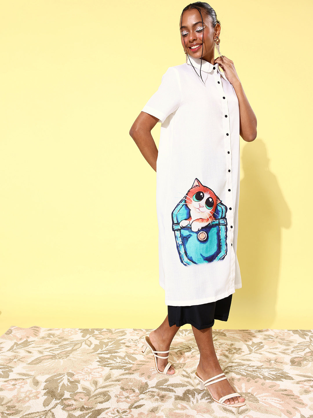 Women's Quirky Print Lose Shirt with Black Culottes