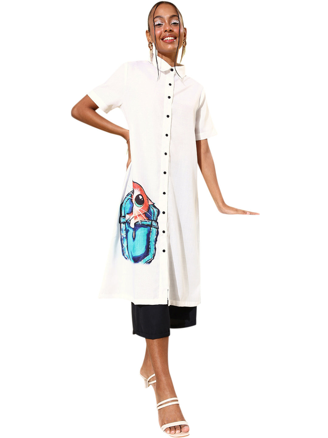 Women's Quirky Print Lose Shirt with Black Culottes