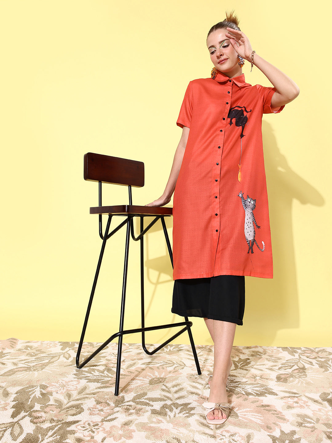 Women's Quirky Print Lose Shirt with Black Culottes