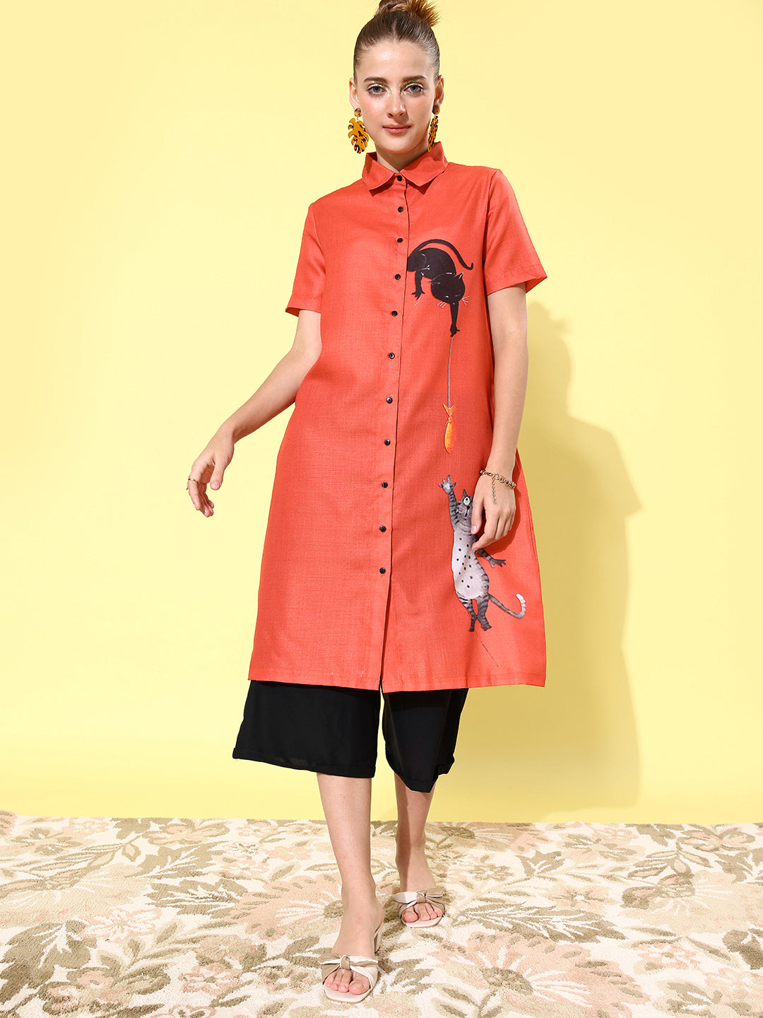 Women's Quirky Print Lose Shirt with Black Culottes