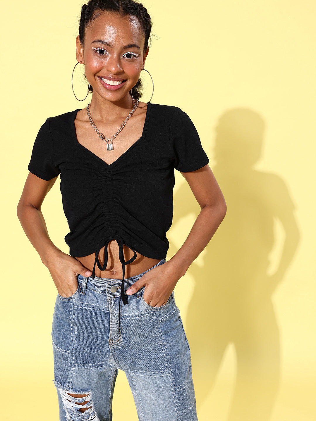 Women's Drawstring Crop Top- Black