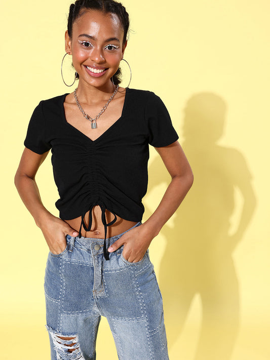Women's Drawstring Crop Top- Black