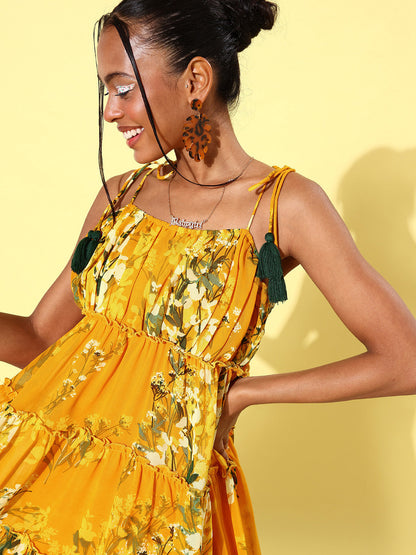 Women's Floral Tier Midi Dress with String Tie Ups- Yellow