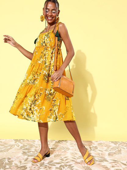 Women's Floral Tier Midi Dress with String Tie Ups- Yellow