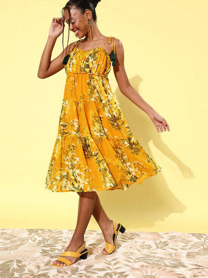 Women's Floral Tier Midi Dress with String Tie Ups- Yellow
