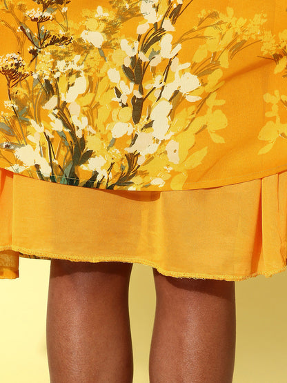 Women's Floral Tier Midi Dress with String Tie Ups- Yellow