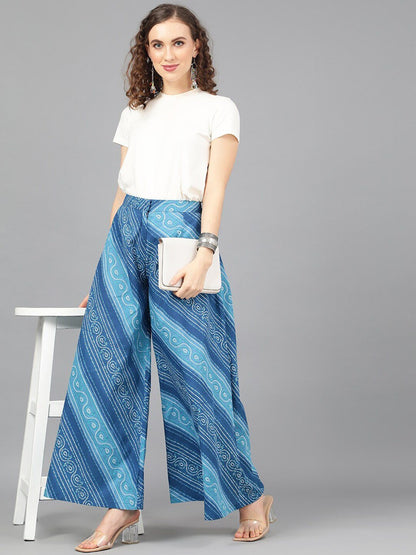 Women's  Blue Leheriya Printed Wide Leg Palazzos