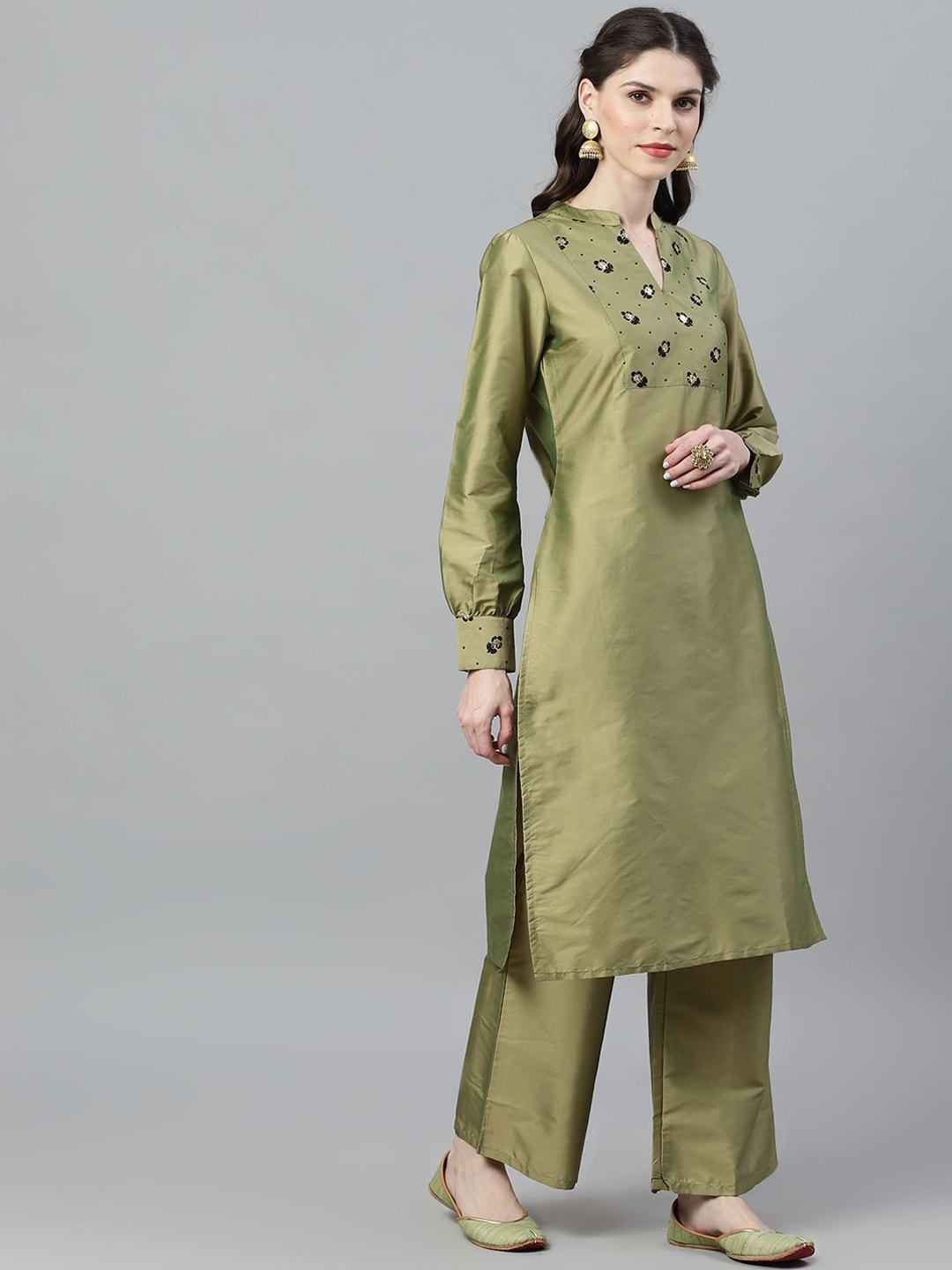 Women's  Green & Black Yoke Design Kurta with Palazzos