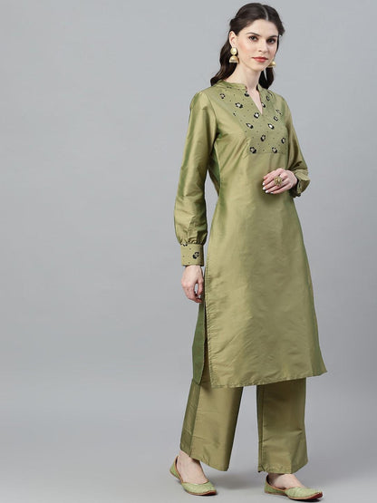 Women's  Green & Black Yoke Design Kurta with Palazzos