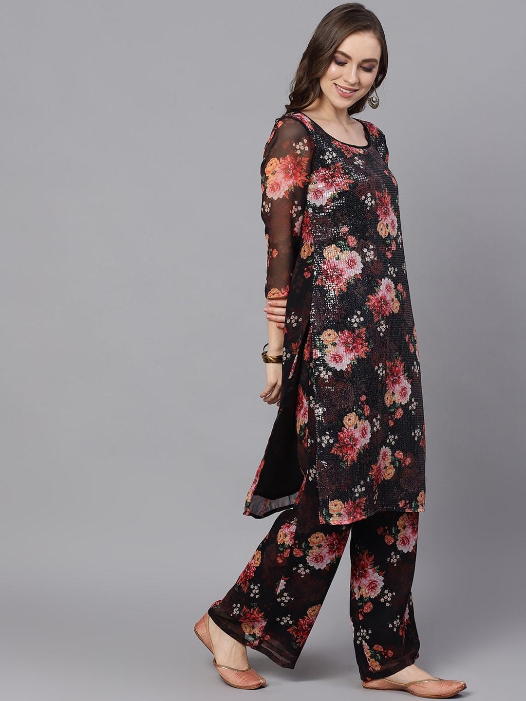 Women's  Black & Red Printed Kurta with Palazzos