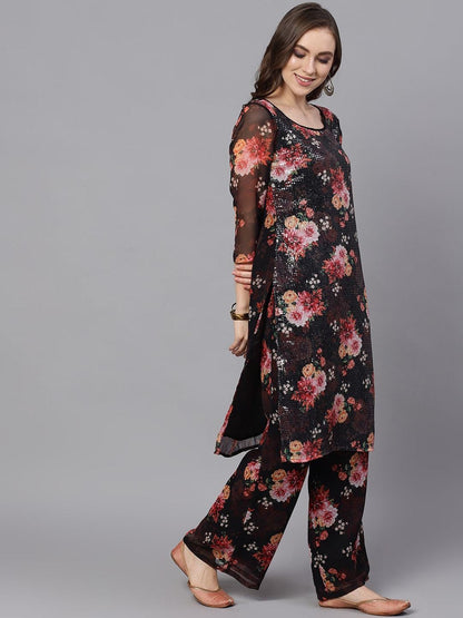 Women's  Black & Red Printed Kurta with Palazzos