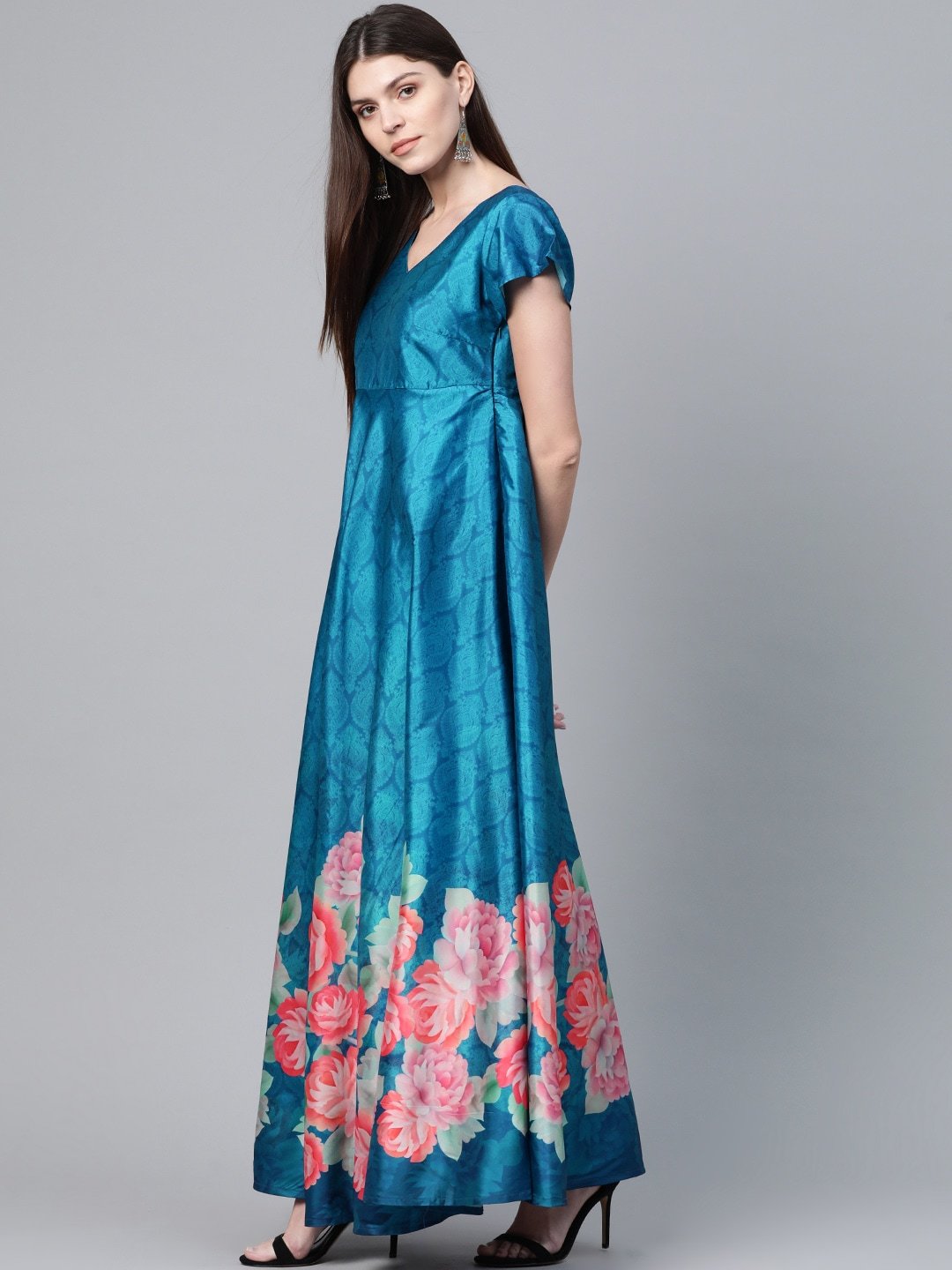 Women's  Blue & Pink Floral Digital Printed Maxi Dress