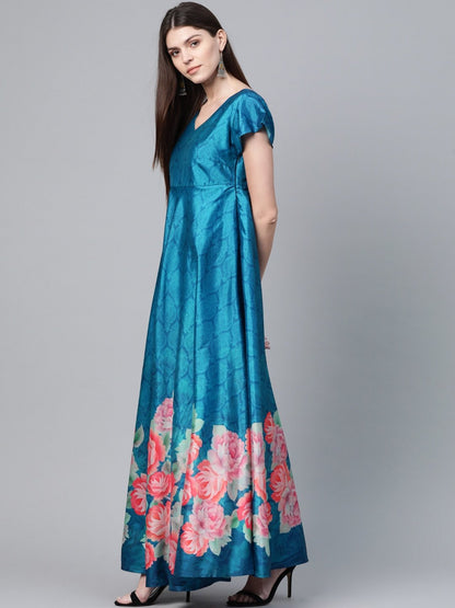 Women's  Blue & Pink Floral Digital Printed Maxi Dress