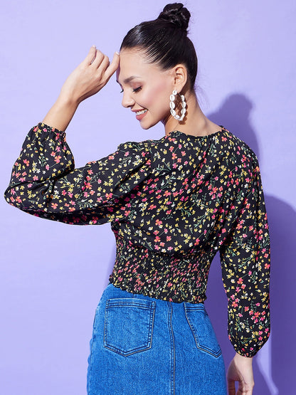 Women's Black Floral Top With Smocking Detail
