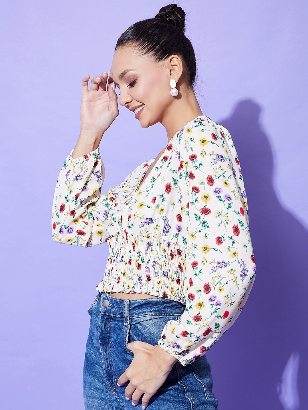 Women's Cream Floral Top With Smocking Detail