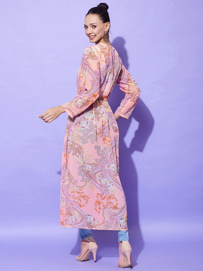 Women's Peach Floral Long Shrug