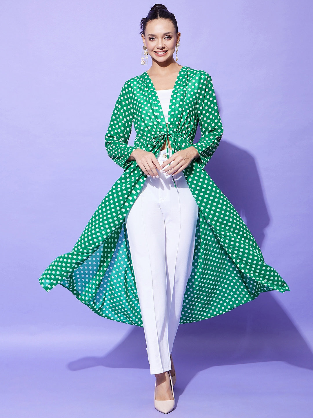 Women's Green Polka Long Shrug
