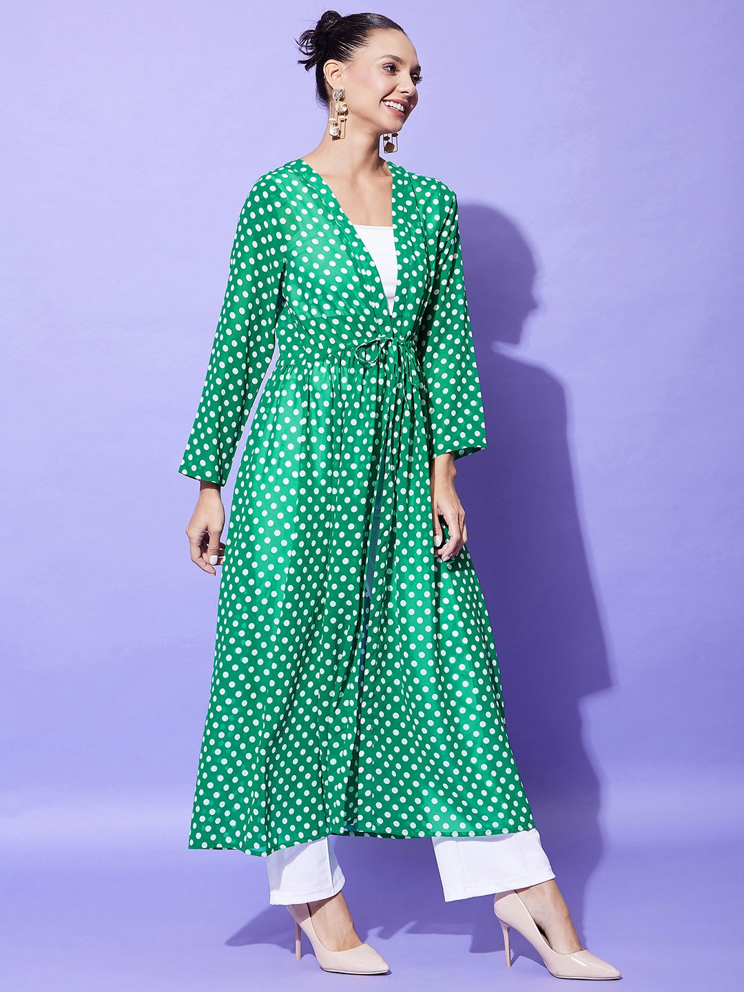 Women's Green Polka Long Shrug