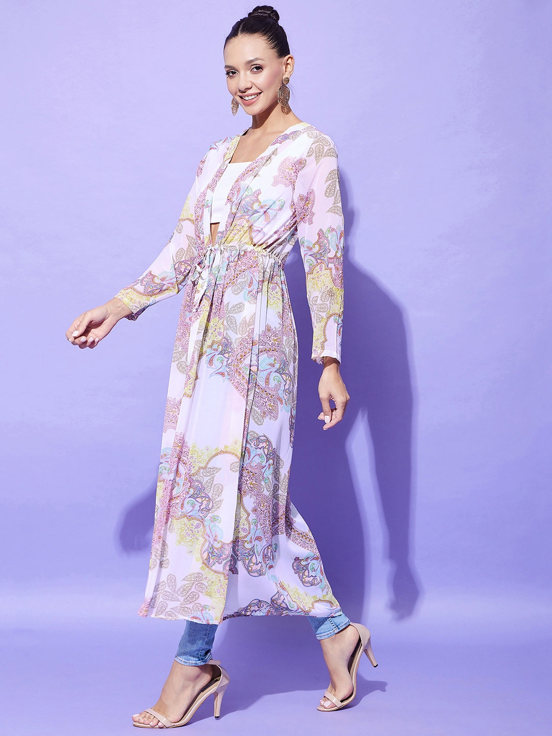 Women's White Paisley Long Shrug