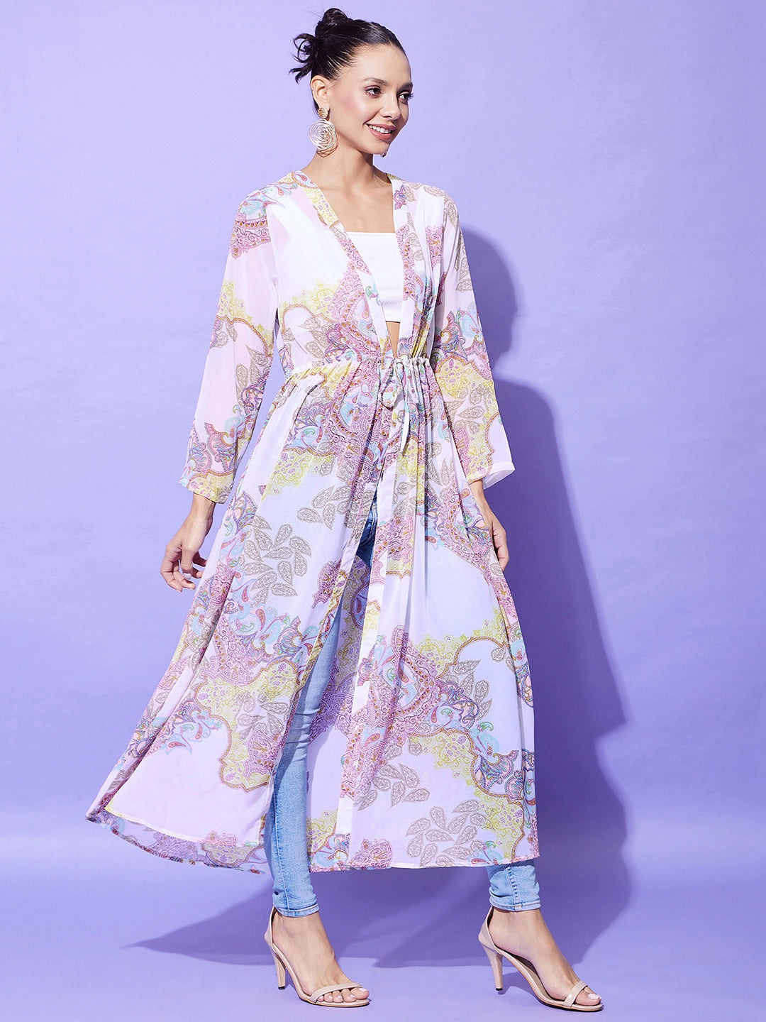 Women's White Paisley Long Shrug