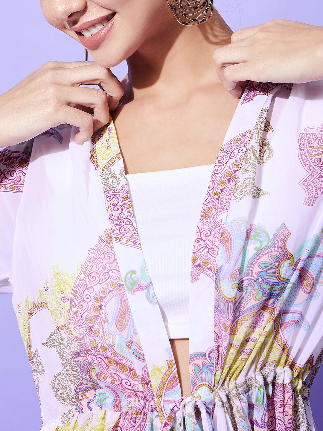 Women's White Paisley Long Shrug