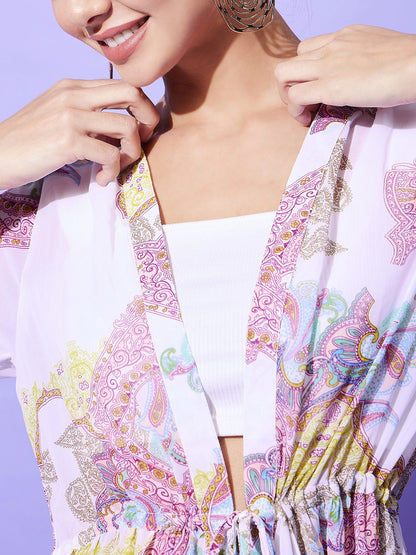 Women's White Paisley Long Shrug