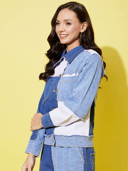Women's Blue Denim Patchwork Jacket