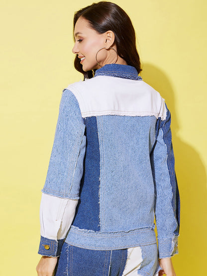 Women's Blue Denim Patchwork Jacket