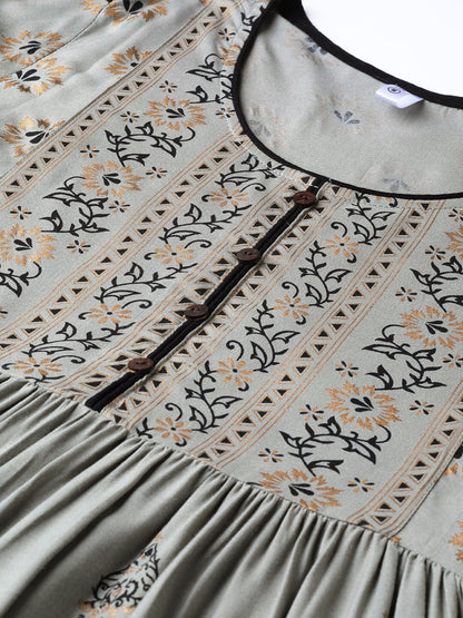 Women's  Grey & Black Block Printed Maxi Dress