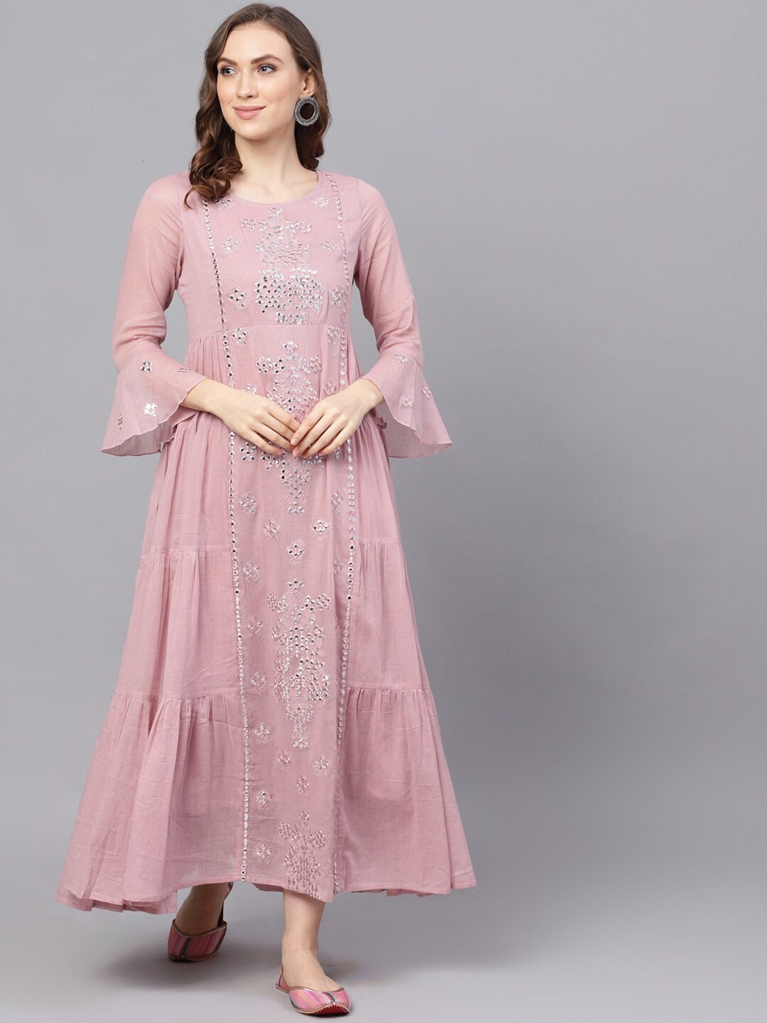 Women's  Mauve Embellished Mirror Work Maxi Dress