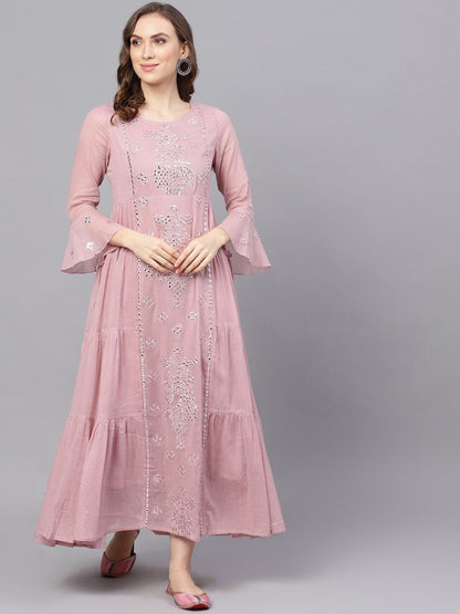 Women's  Mauve Embellished Mirror Work Maxi Dress