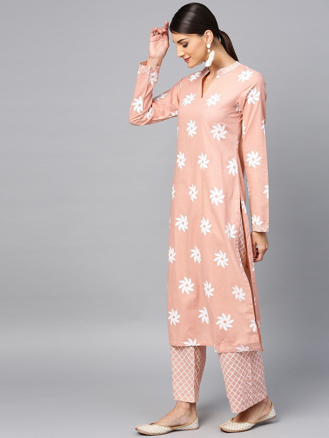 Women's  Peach-Coloured & White Khari Print Kurta with Palazzos & Dupatta