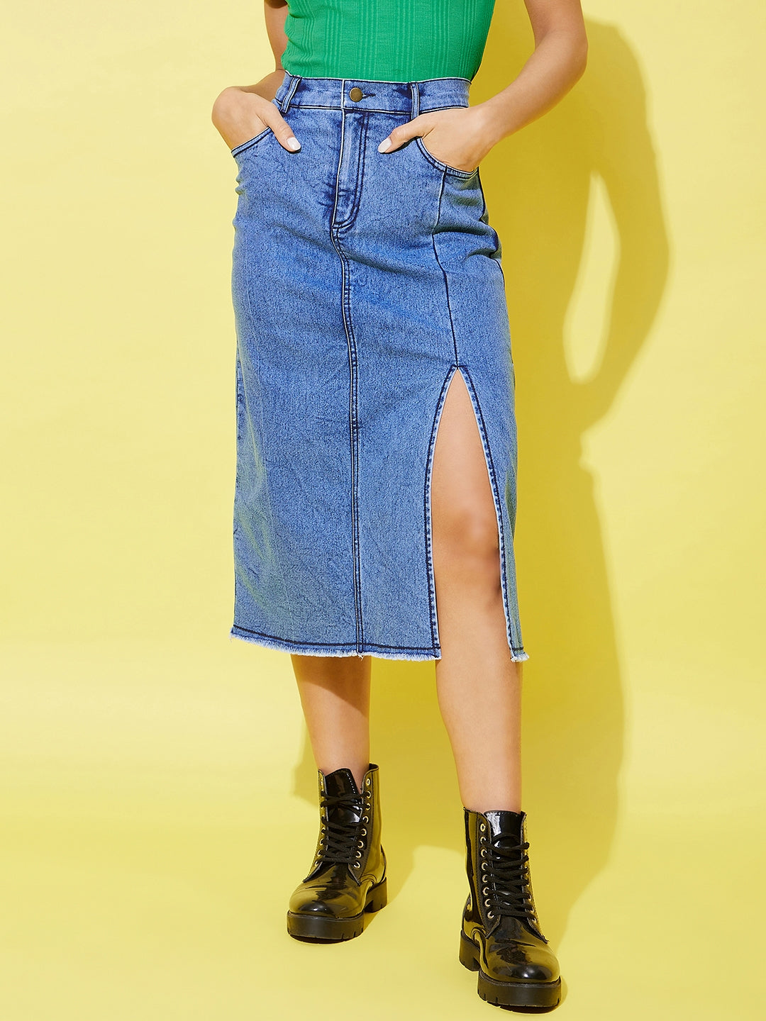 Women's Denim Midi Skirt With Side Slit