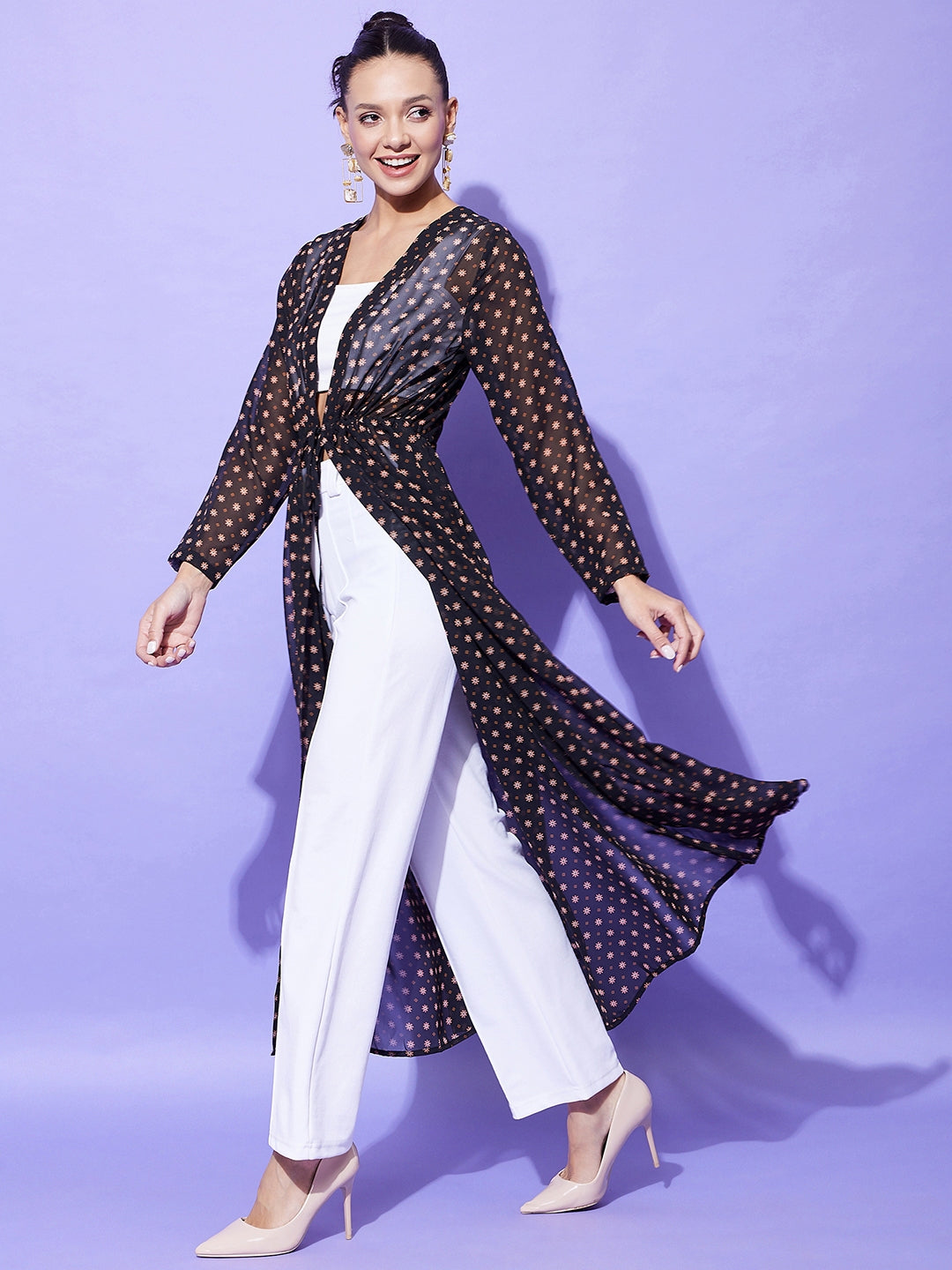 Women's Black Floral Long Shrug