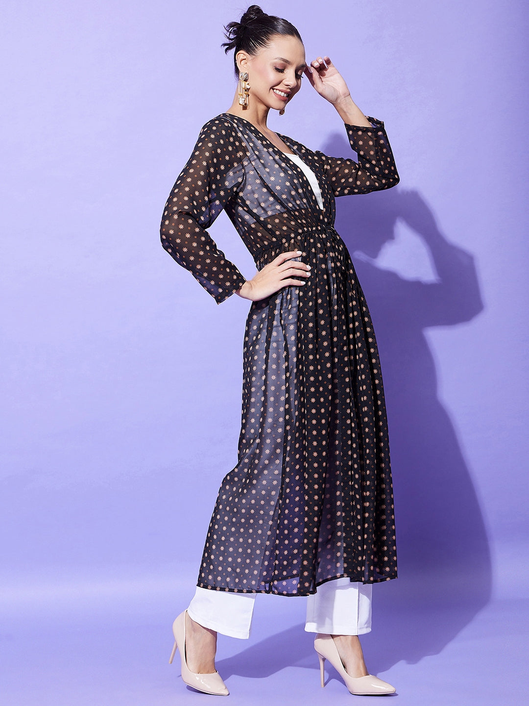 Women's Black Floral Long Shrug