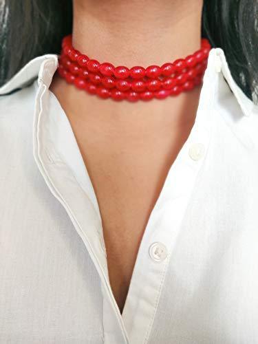 Women's Gold Plated Red Handcrafted 3 Layer Light Weighted Ruby Pearl Choker Necklace Set