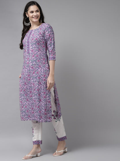 Women's Lavender & White Printed Kurta Set