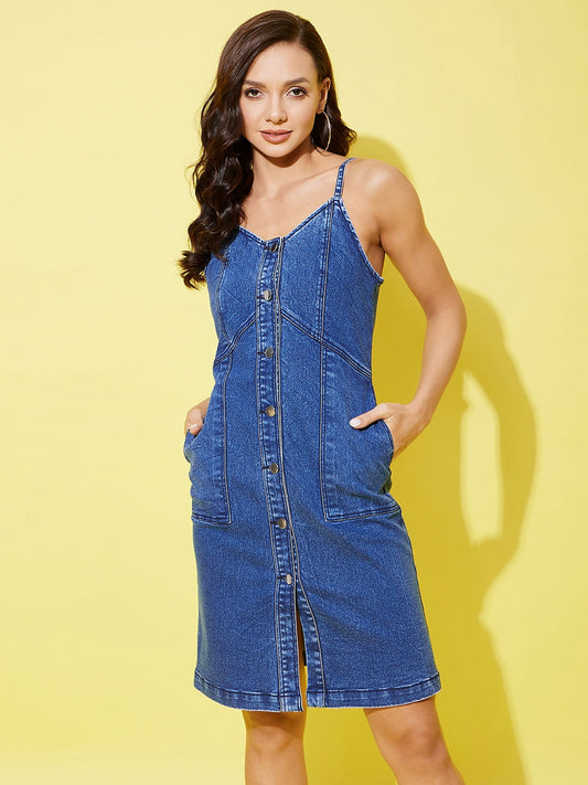 Women's Dark Blue Denim Dress With Front Buttons