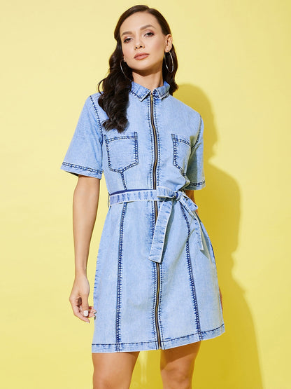 Women's Light Toned Denim Front Zip Dress