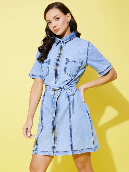 Women's Light Toned Denim Front Zip Dress