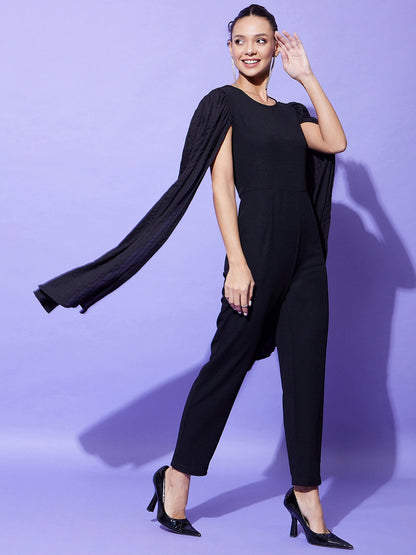 Women's Black Fitted Jumpsuit With Long Cape Sleeves