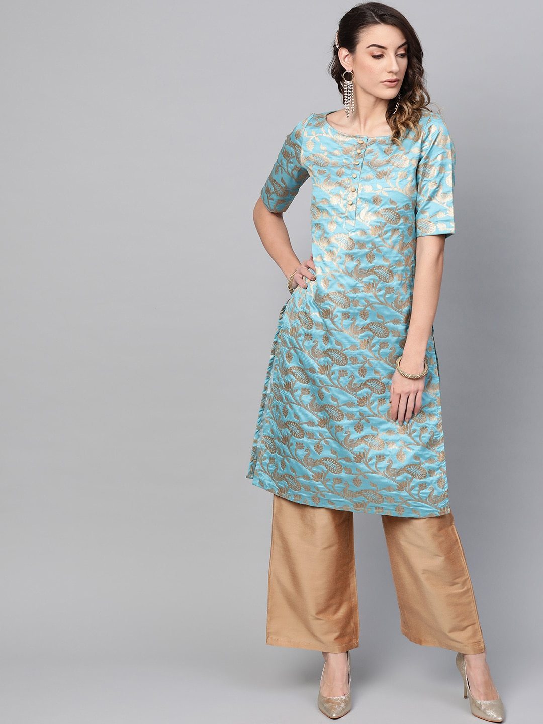 Women's  Blue & Golden Brocade Woven Design Straight Kurta