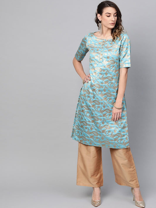 Women's  Blue & Golden Brocade Woven Design Straight Kurta