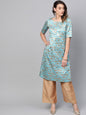 Women's  Blue & Golden Brocade Woven Design Straight Kurta
