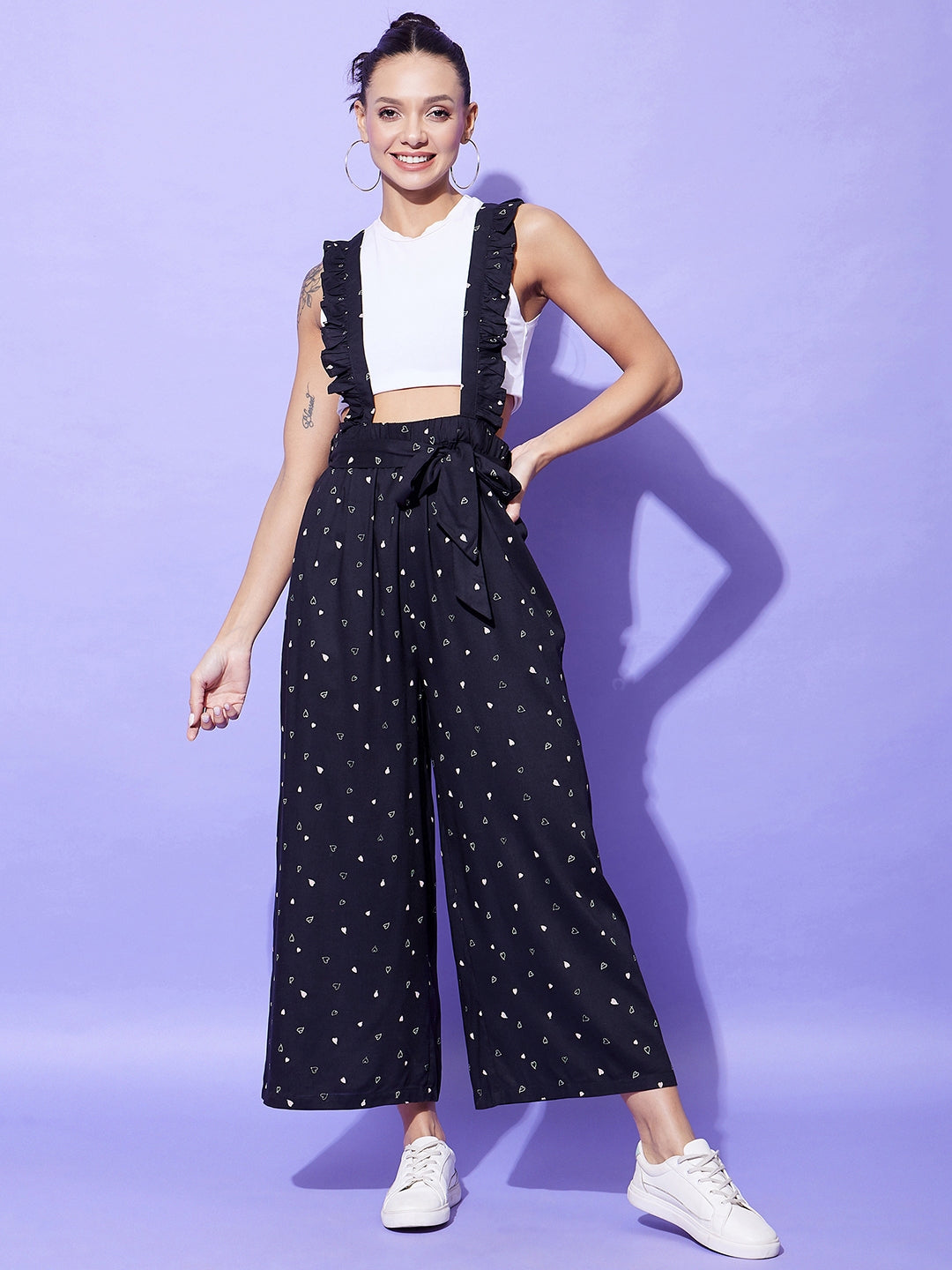 Women's Black Heart Print Pinafore Dungaree (T Shirt Not Included)