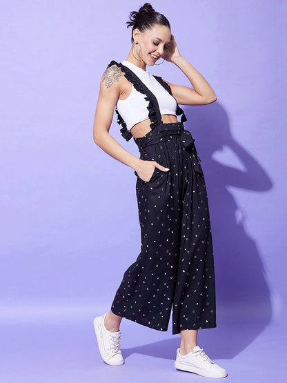 Women's Black Heart Print Pinafore Dungaree (T Shirt Not Included)