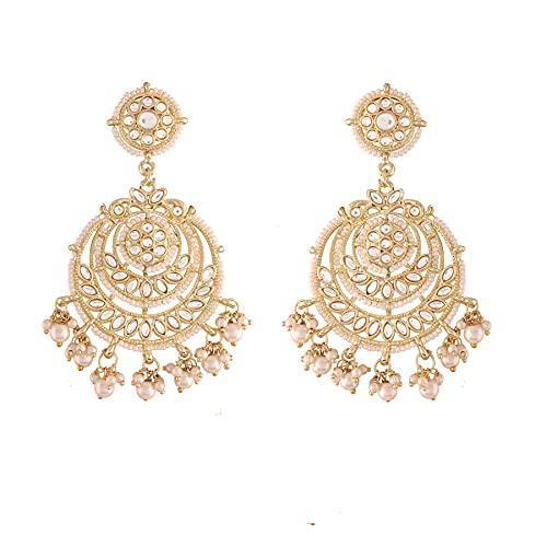 Women's  Gold Plated White Beaded Chandbali Earrings Glided With Kundans & Pearls