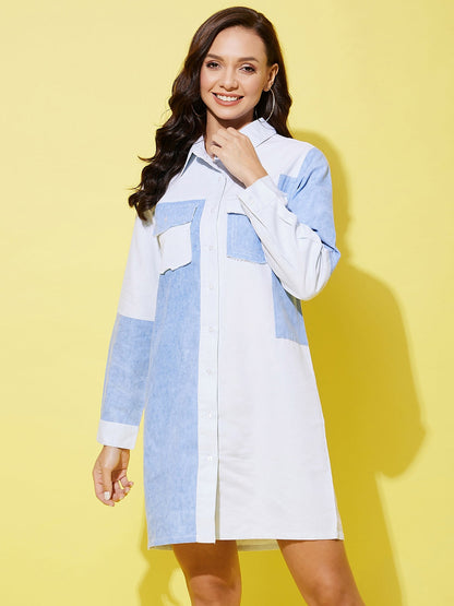Women's Denim Shirt Dress With Patchwork Detail