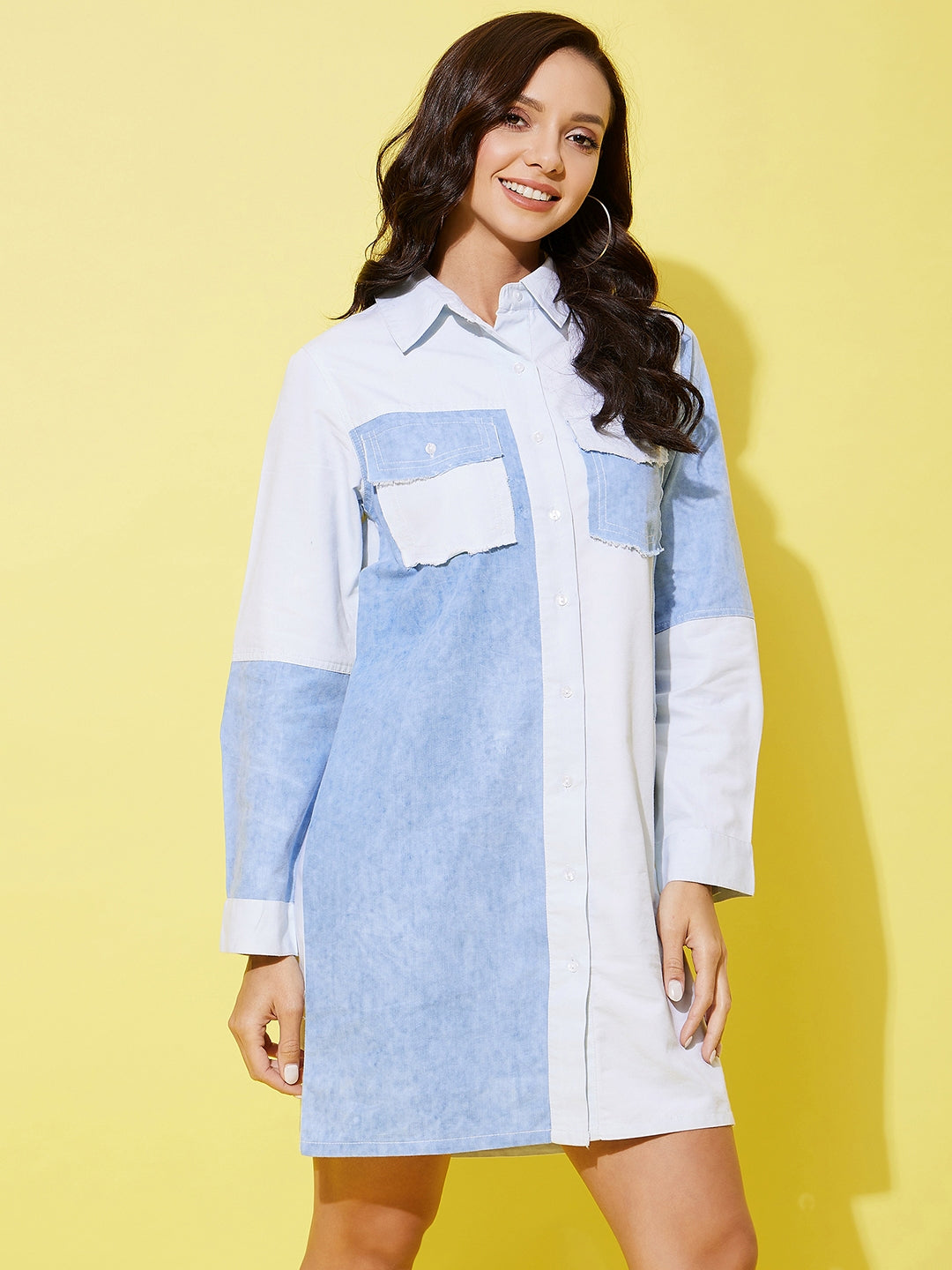 Women's Denim Shirt Dress With Patchwork Detail